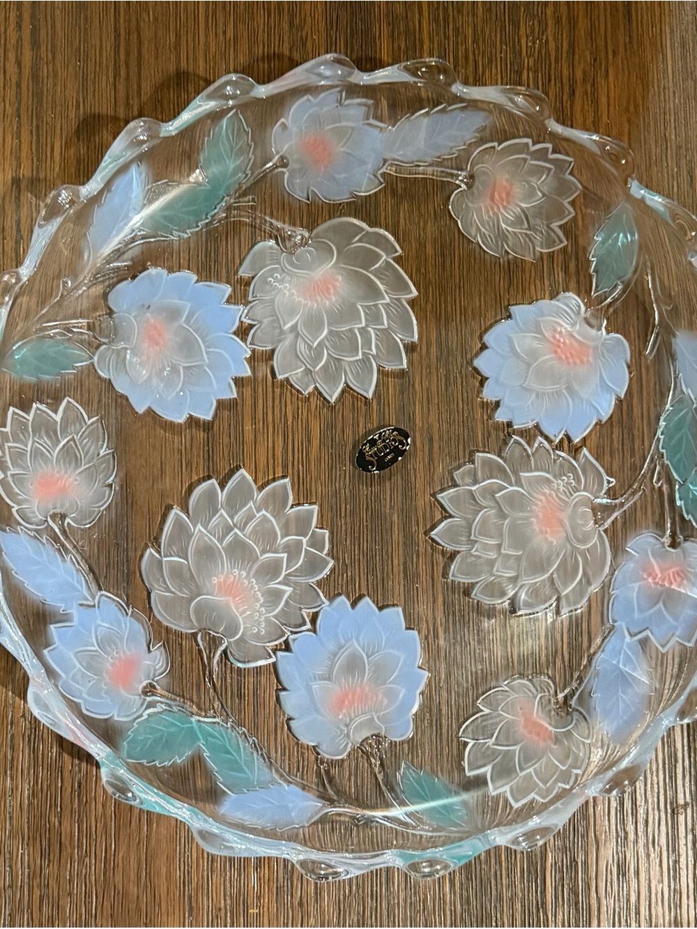 Vintage Crystal Clear Studios Frosted Blue and Green Floral Platter